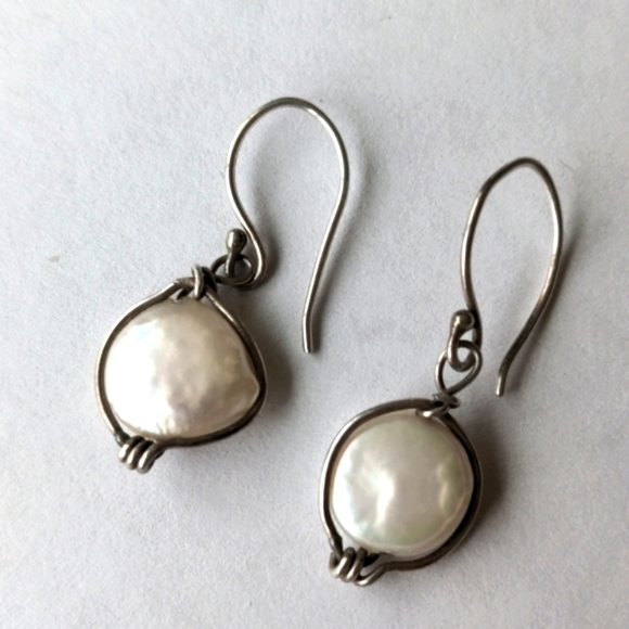 Jewelry - SOLD Vintage sterling handmade dangle earrings with natural coin pearls